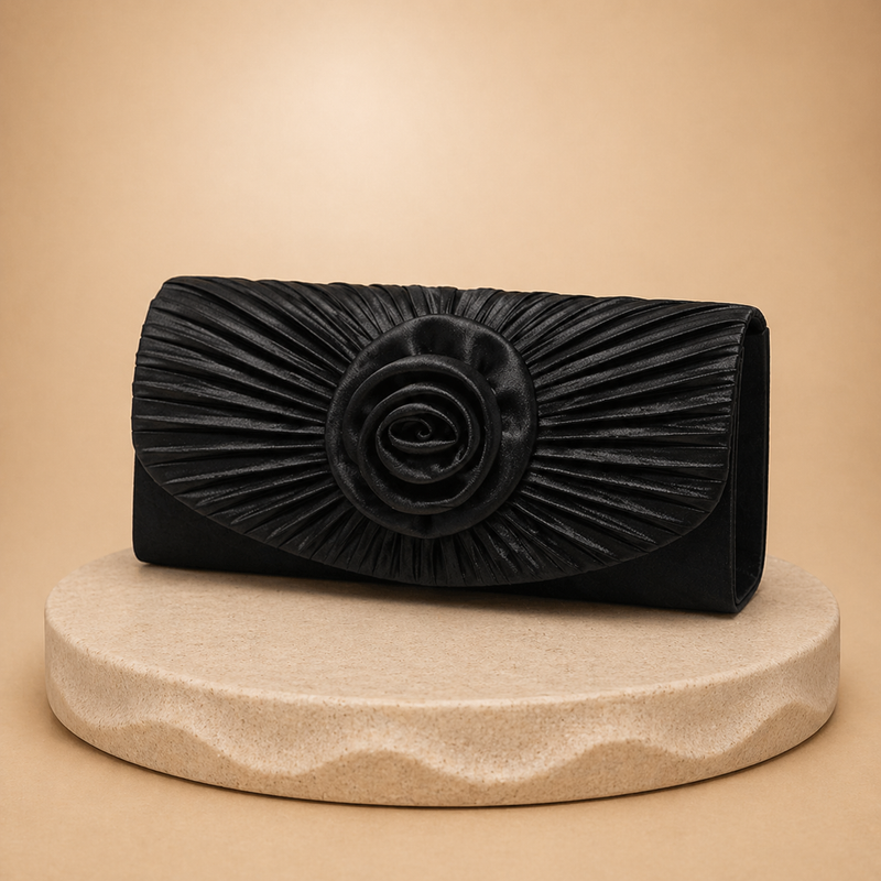 Plissierte Clutch in Schwarz und Rot mit Blumenmuster