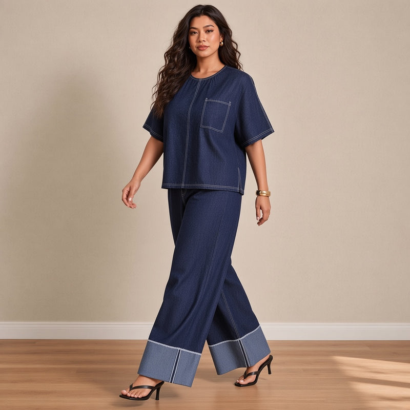 Ensemble chambray tee-shirt ample et pantalon large, bleu marine, porté en marchant – SAKIWÉ