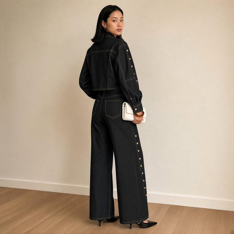 Ensemble en jean noir, vue de dos – SAKIWÉ