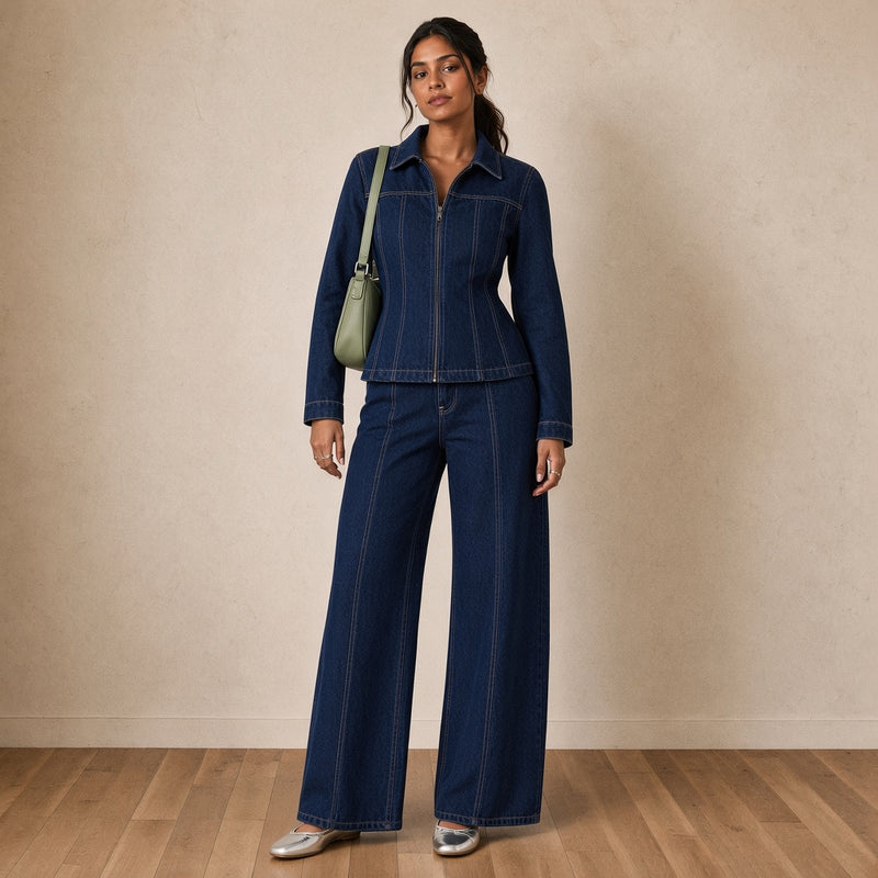Ensemble en jean bleu foncé veste cintrée zippée et jean large, vue de face en pied – SAKIWÉ