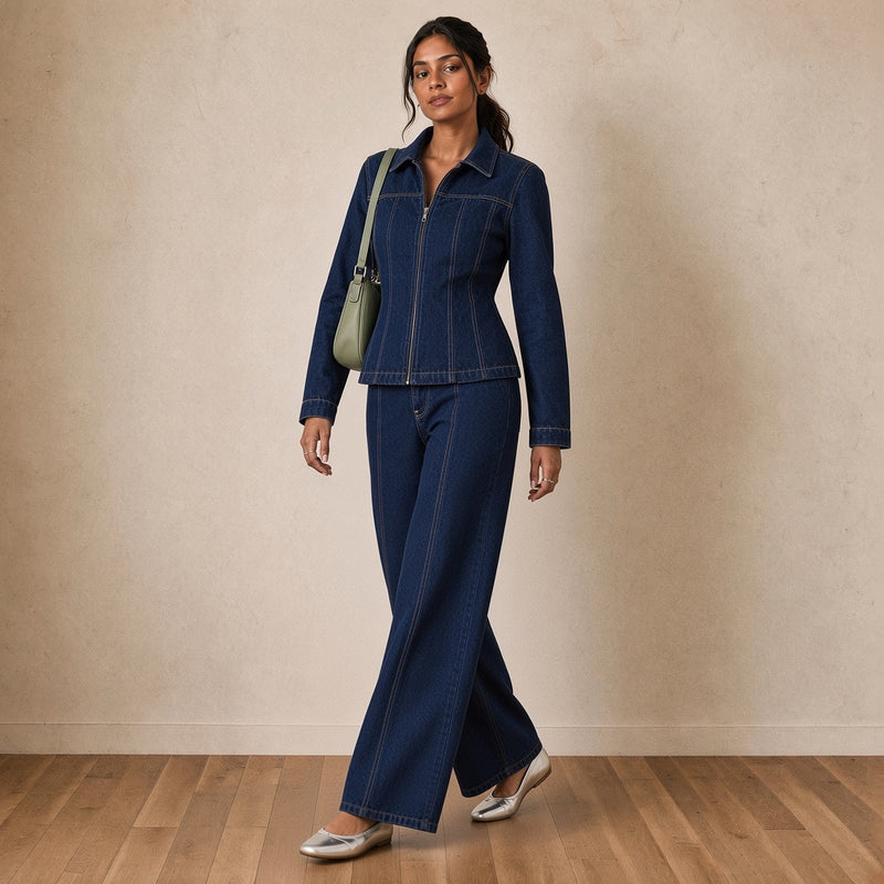 Ensemble en jean veste cintrée et jean large, de trois-quarts en marchant – SAKIWÉ