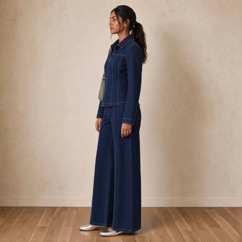 Ensemble en jean veste cintrée et jean large, vue de profil – SAKIWÉ