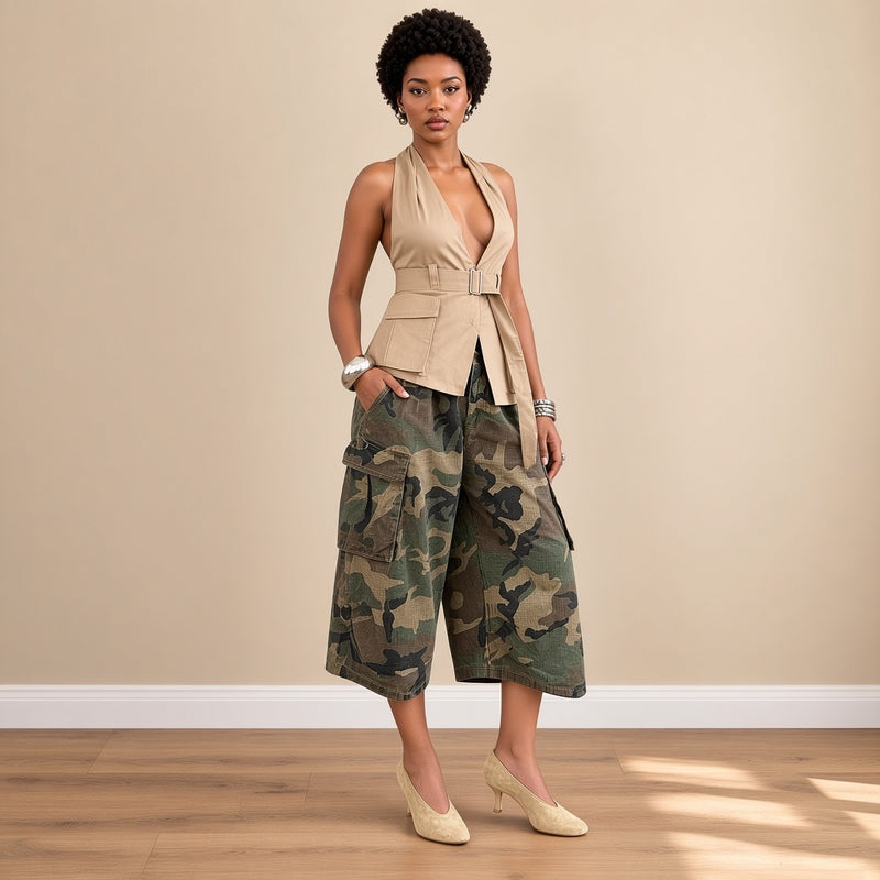 Pantalon cargo large camouflage mi-mollet, vue de trois-quarts – SAKIWÉ