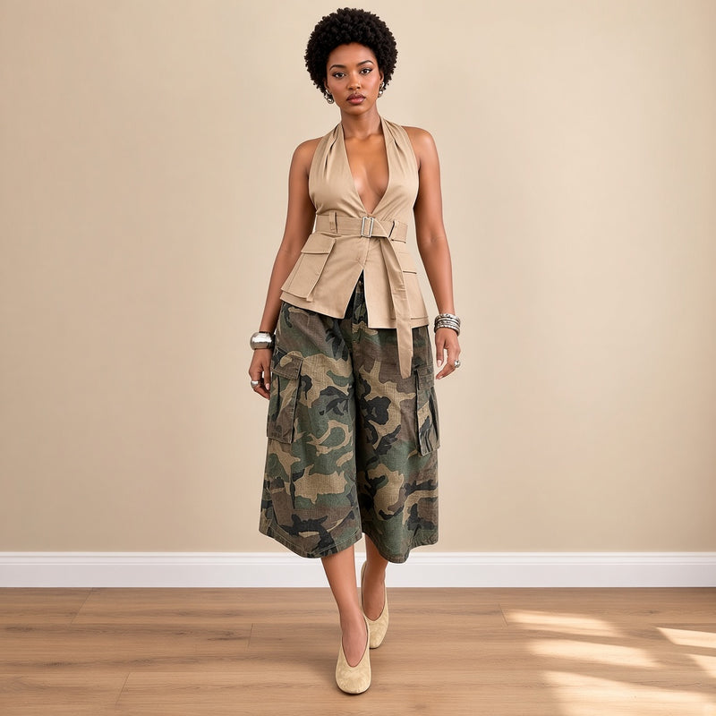 Pantalon cargo large camouflage mi-mollet, porté en marchant – SAKIWÉ