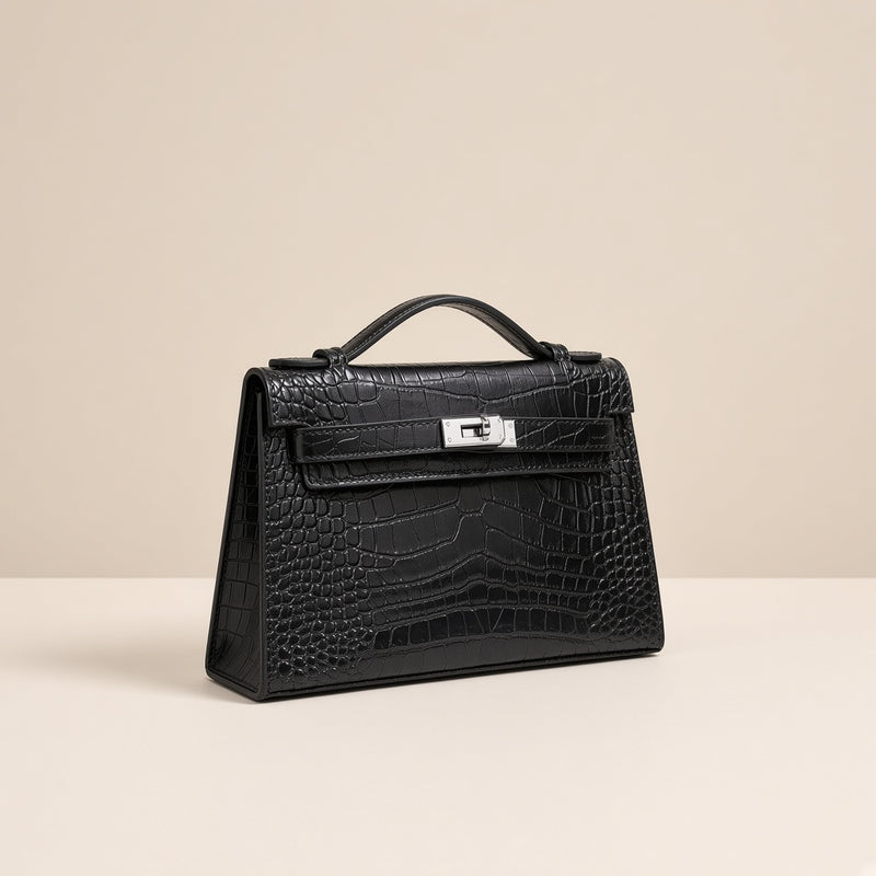 Pochette en cuir effet croco SAKIWE noir, seule, vue de trois-quarts