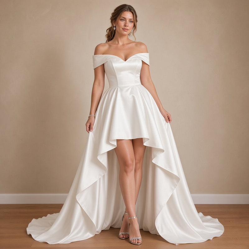 Robe de mariée asymétrique en satin à épaules dénudées, blanc, vue de trois-quarts – SAKIWÉ