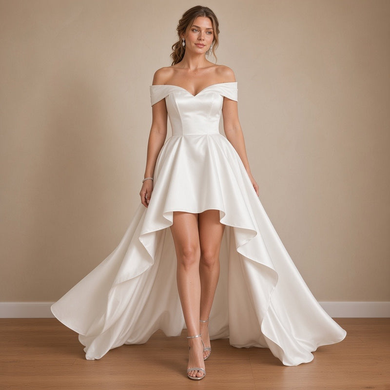 Robe de mariée asymétrique en satin à épaules dénudées, blanc, en mouvement – SAKIWÉ