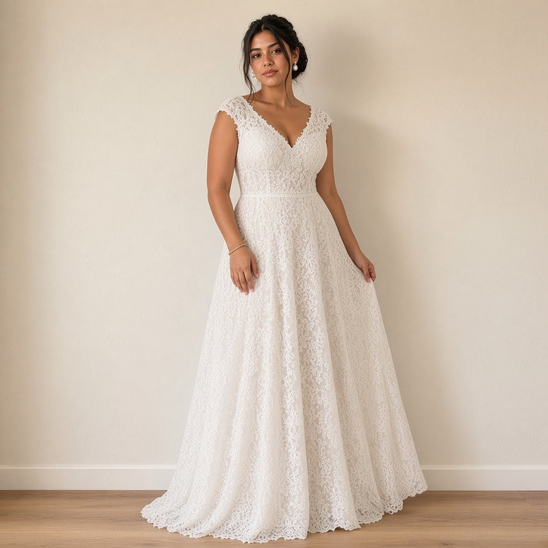 Robe de mariée longue en dentelle à col V, blanc, vue de trois-quarts – SAKIWÉ