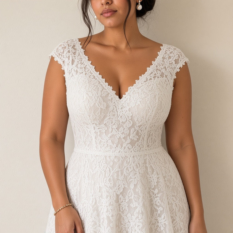 Robe de mariée longue en dentelle à col V, blanc, détail de la dentelle – SAKIWÉ