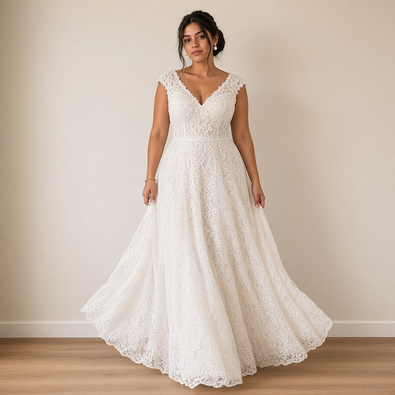 Robe de mariée longue en dentelle à col V, blanc, en mouvement – SAKIWÉ