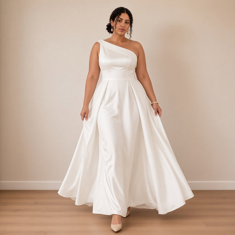 Robe de mariée longue une épaule en satin à poches, blanc, en mouvement – SAKIWÉ