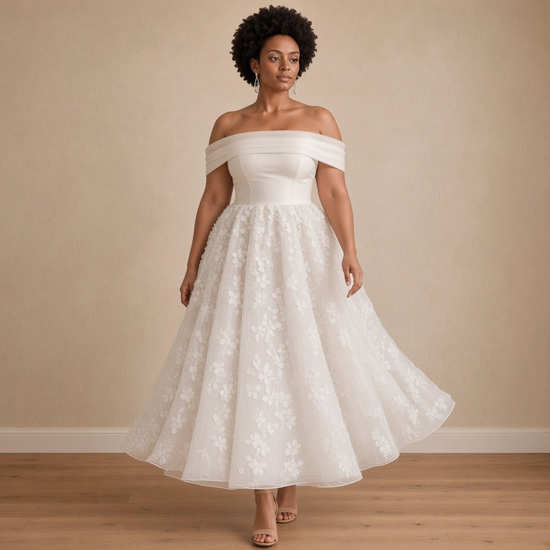 Robe de mariée mi-longue en satin et organza à fleurs 3D, blanc, en mouvement – SAKIWÉ