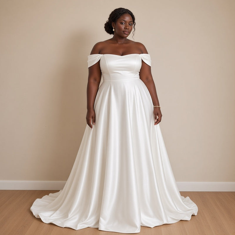 Robe de mariée en satin épaules dénudées, blanc, vue de face – SAKIWÉ