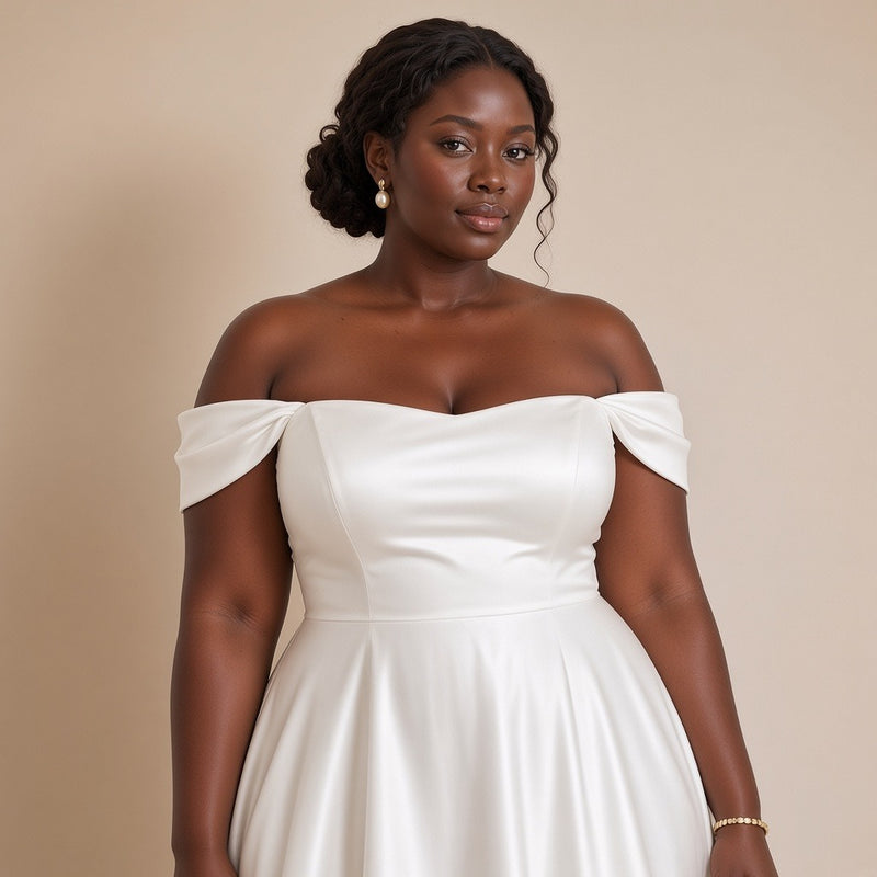 Robe de mariée en satin épaules dénudées, blanc, détail de l'encolure – SAKIWÉ