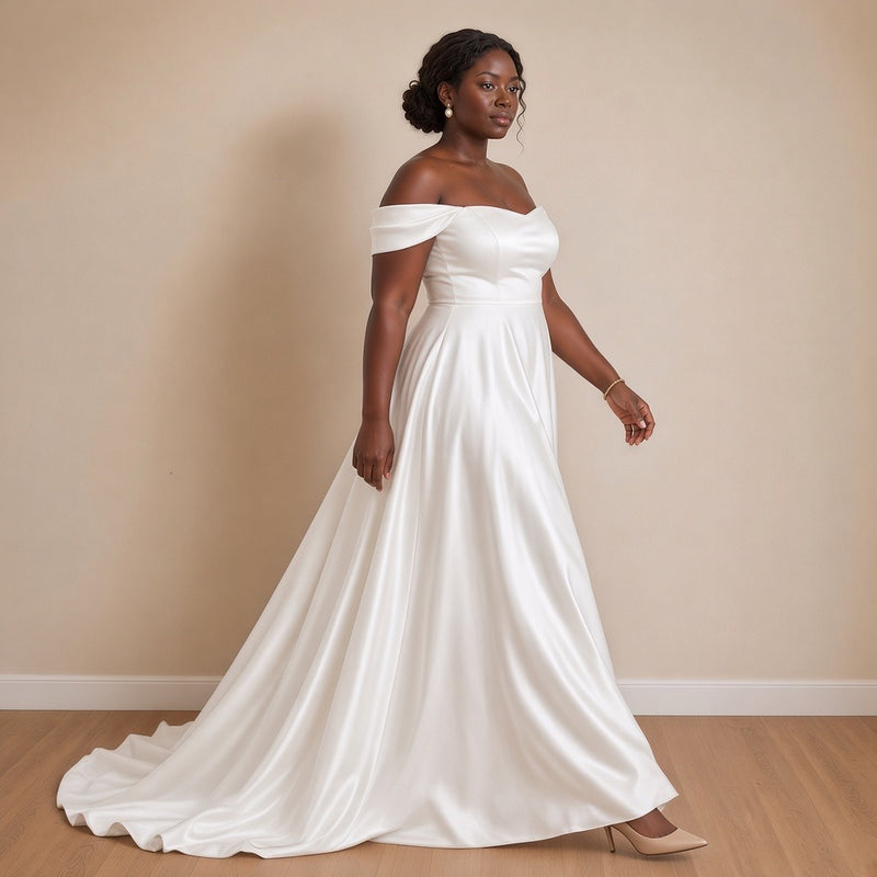 Robe de mariée en satin épaules dénudées, blanc, en mouvement – SAKIWÉ