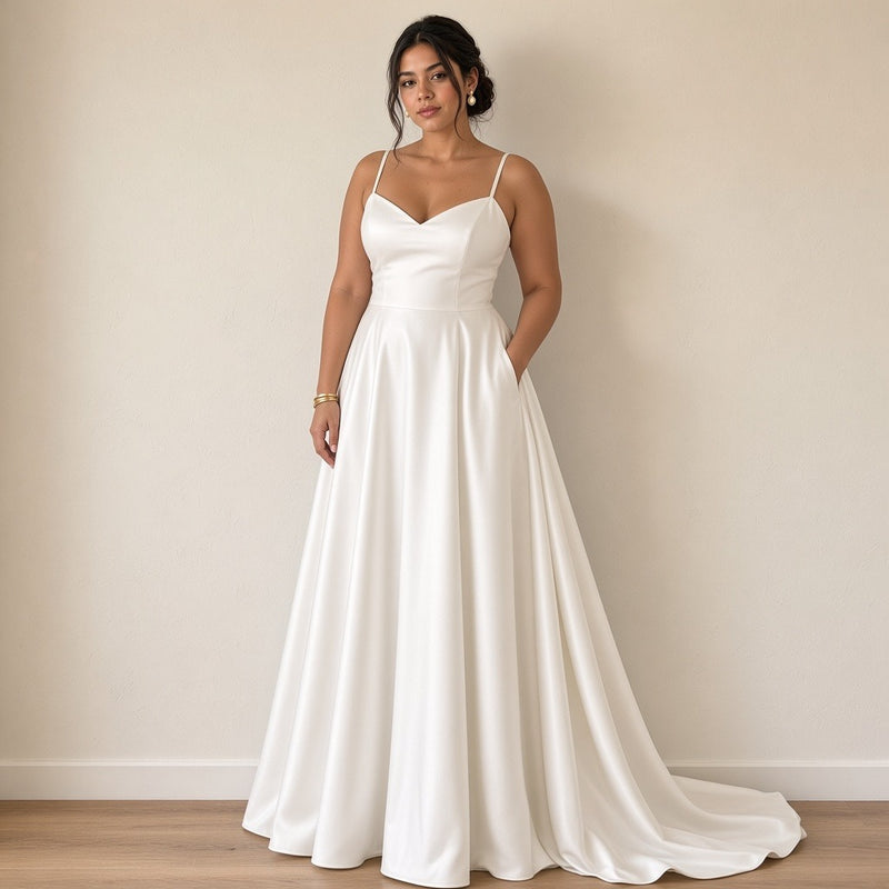 Robe de mariée en satin à fines bretelles et poches, blanc, vue de face – SAKIWÉ
