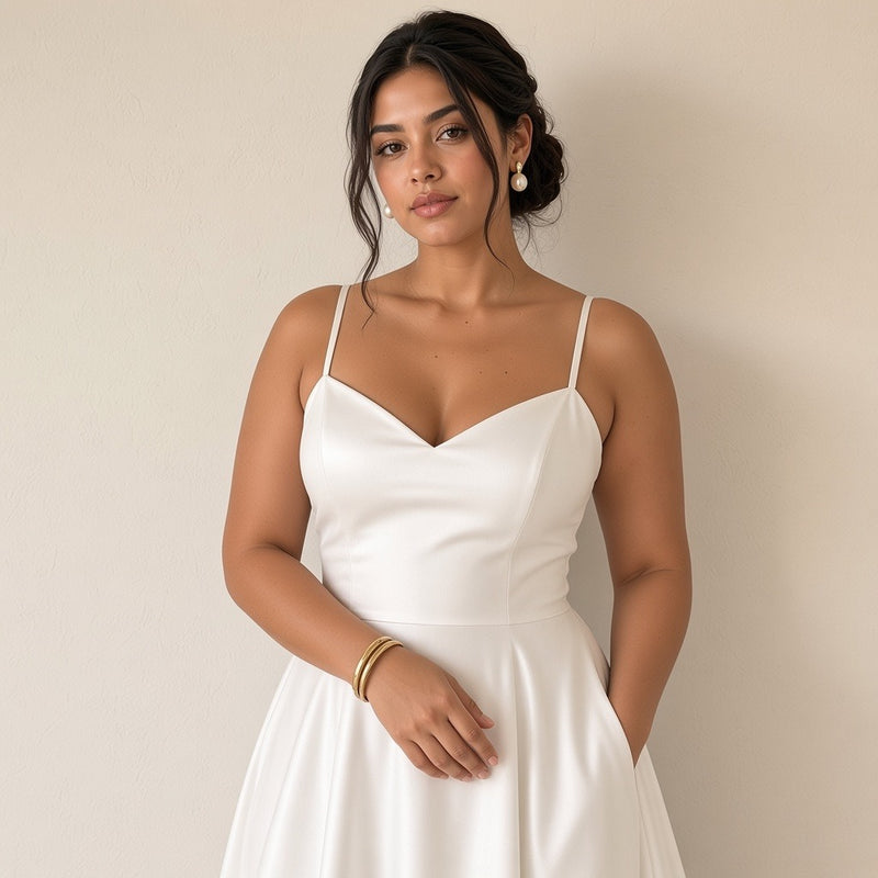 Robe de mariée en satin à fines bretelles et poches, blanc, détail du col cœur – SAKIWÉ