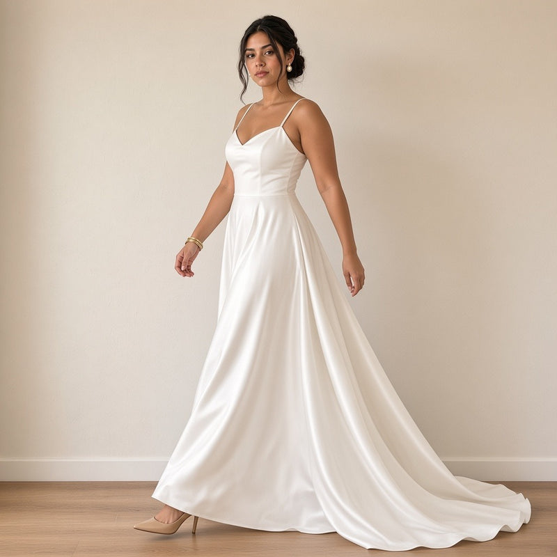 Robe de mariée en satin à fines bretelles et poches, blanc, en mouvement – SAKIWÉ