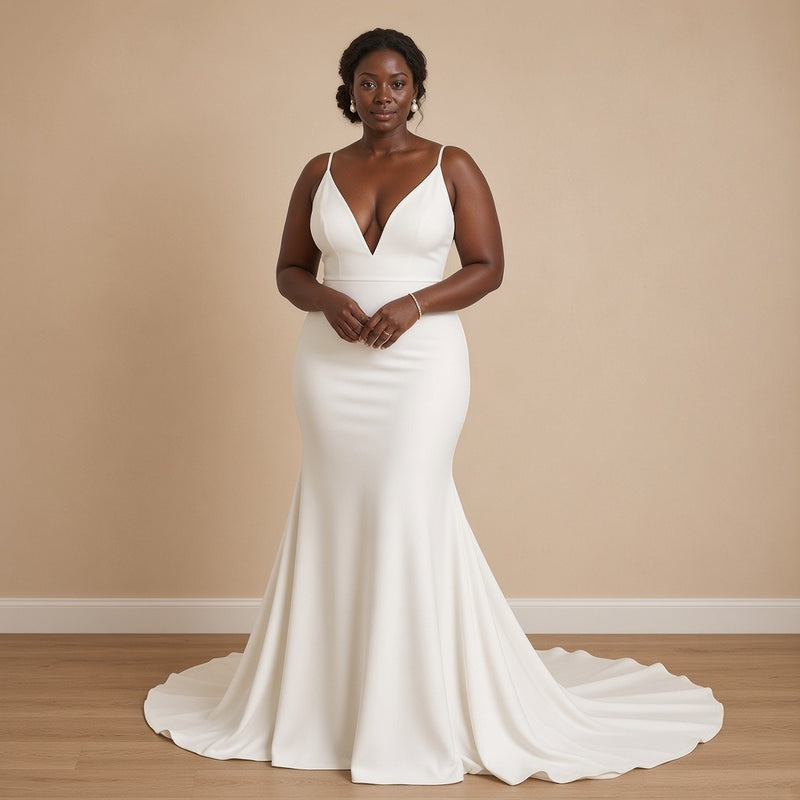 Robe de mariée sirène en crêpe à décolleté V, blanc, vue de face – SAKIWÉ
