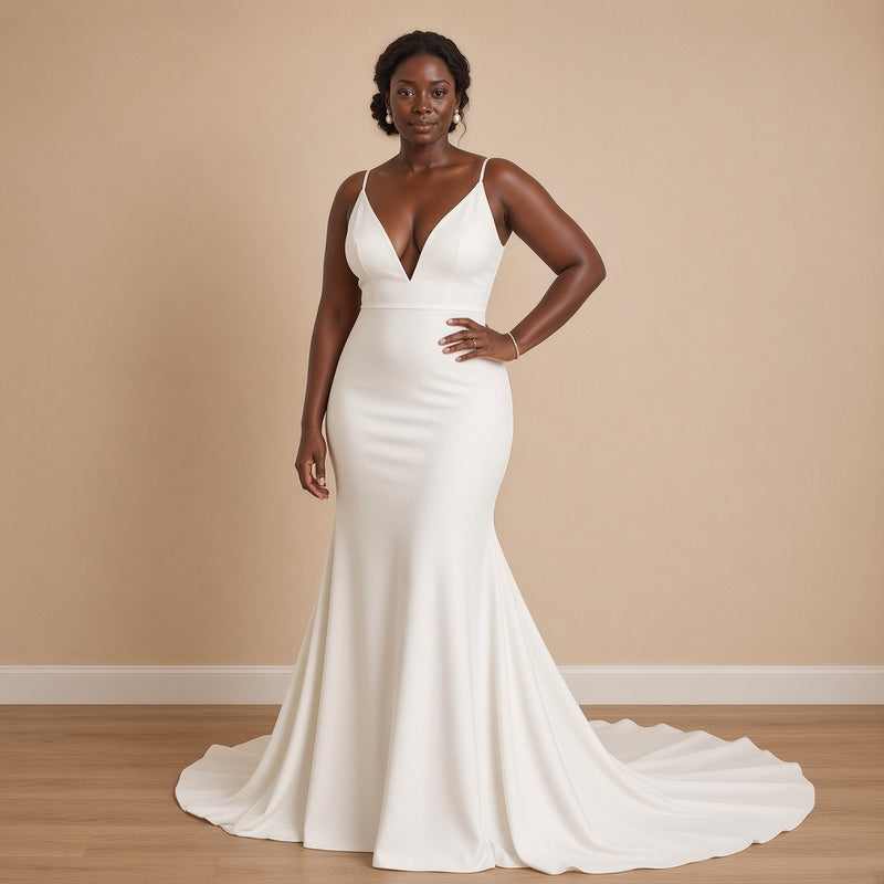 Robe de mariée sirène en crêpe à décolleté V, blanc, vue de trois-quarts – SAKIWÉ