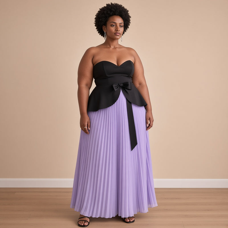 Robe longue bustier noir et jupe plissée lilas, vue de face – SAKIWÉ