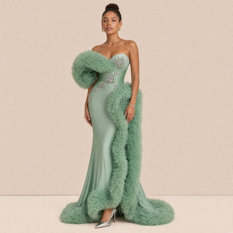 Robe de soirée sirène SAKIWE, coloris vert sauge, vue de face