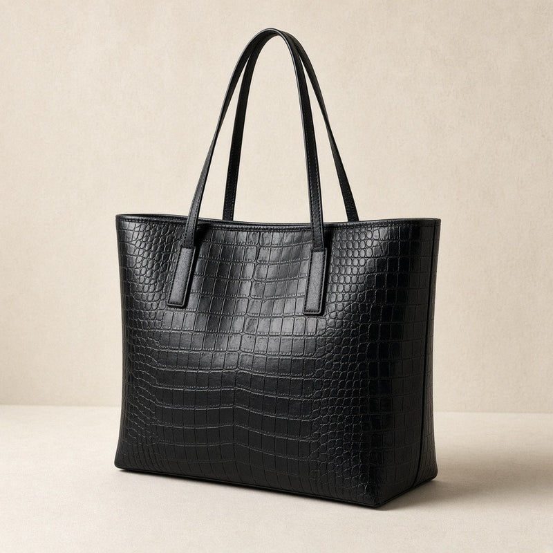 Sac cabas effet croco noir SAKIWE, vue de trois quarts
