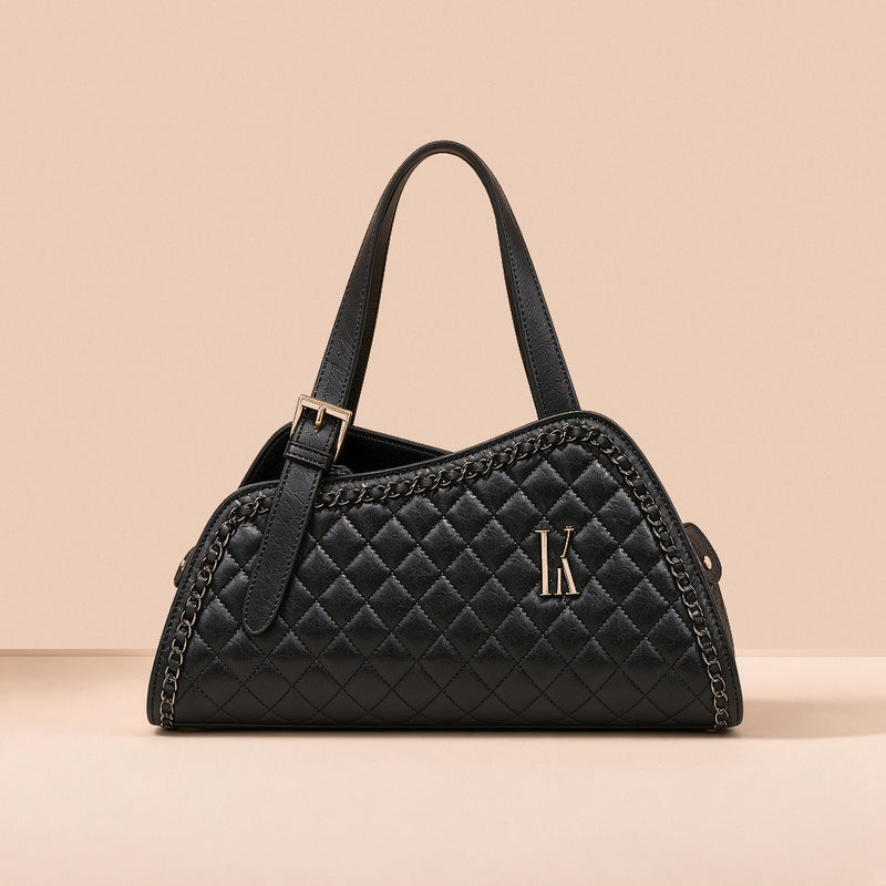 Sac porté épaule en cuir matelassé noir à chaîne, vue de face