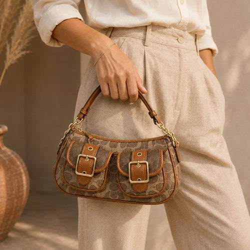 Sac baguette marron camel vintage porté — détail