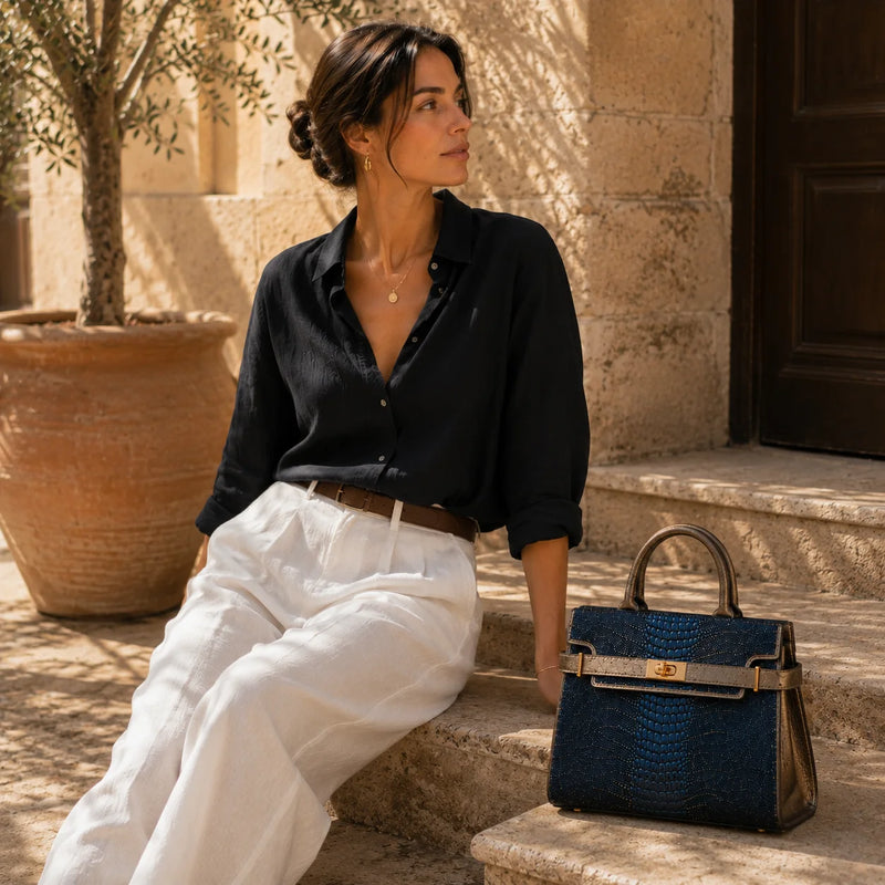 Sac bleu marine effet croco porté — assise lifestyle