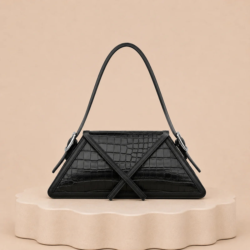 Sac triangulaire géométrique bleu à bordure contrastée, motif croisé