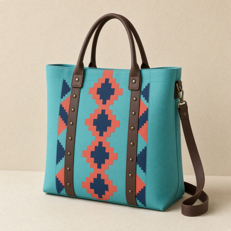 Set de sacs à motif géométrique SAKIWE, coloris Turquoise, lot de 4 pièces – cabas vu de trois quarts
