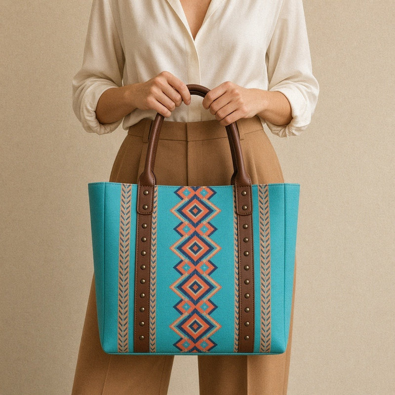 Set de sacs à motif géométrique SAKIWE, coloris Turquoise, lot de 4 pièces – porté, plan rapproché sur le cabas