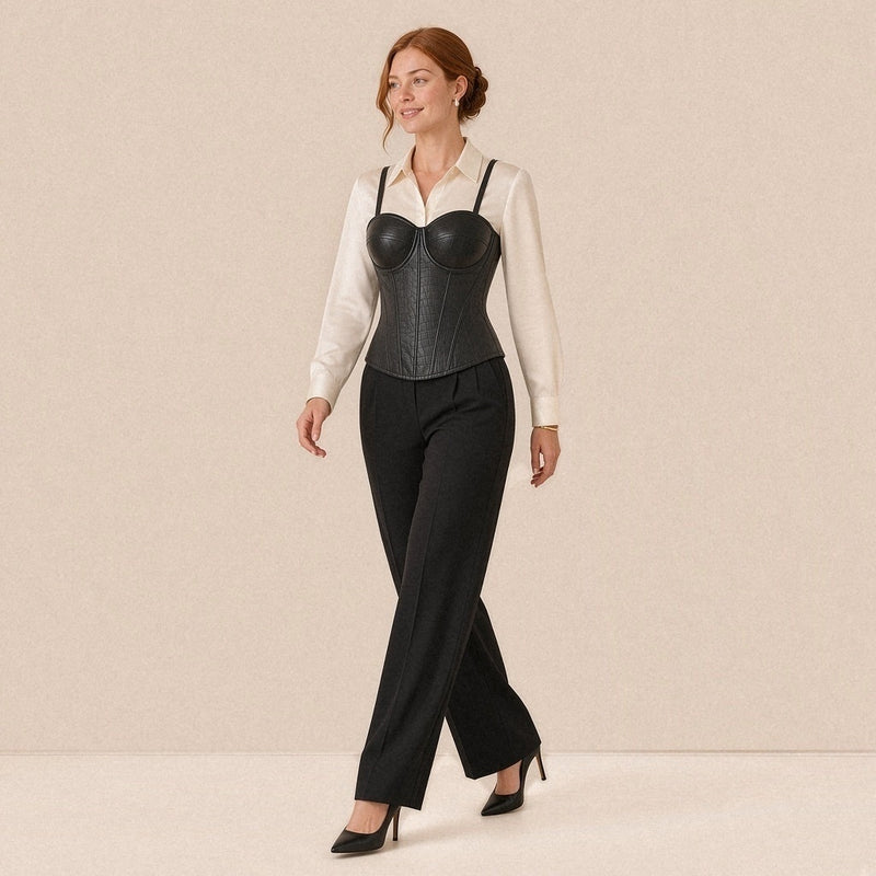 Top corset bustier simili cuir effet croco SAKIWE, coloris noir, en marche