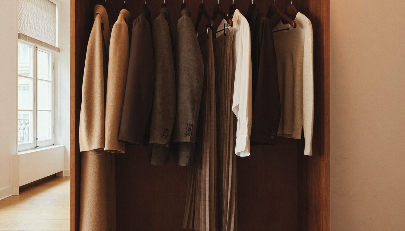 Garde-robe minimaliste femme : 12 pièces neutres dans une penderie bois
