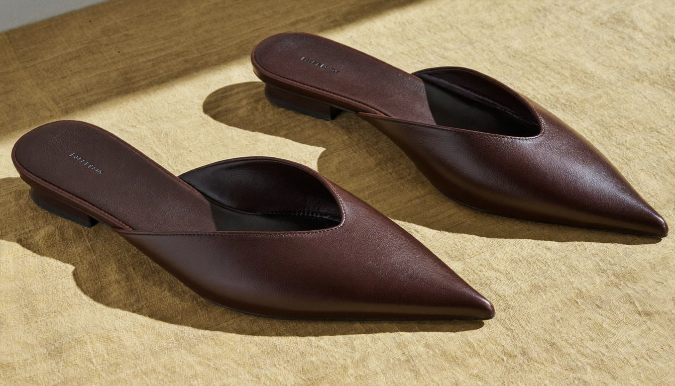 Mules plates pointues en effet cuir chocolat sur fond beige sable Image