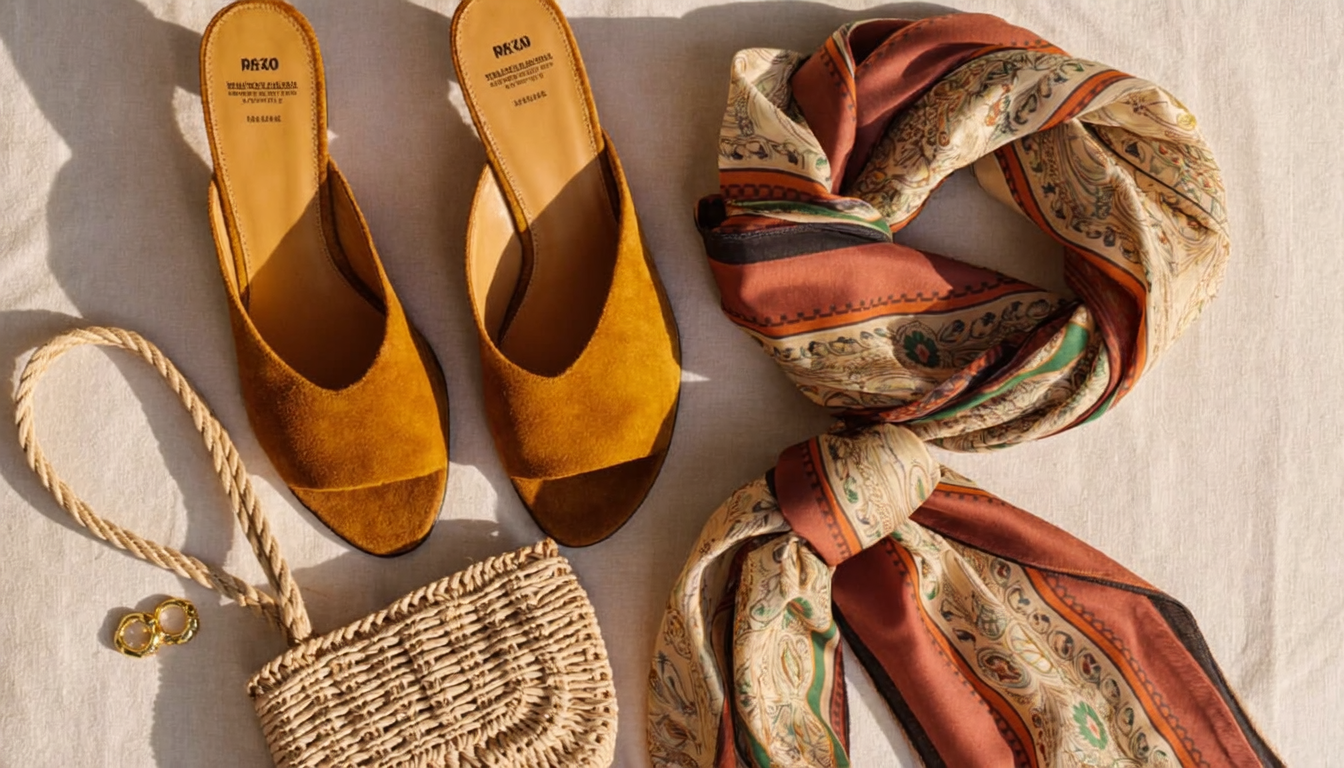 Sélection d'accessoires bobo parisiens : mules en daim, sac en raphia, bagues en or, foulard en soie Image