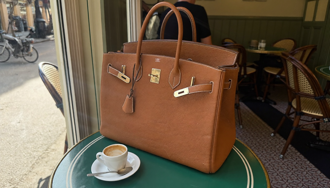 Tote bag en effet cuir camel sur table de café parisien avec espresso Image