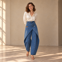 Jean cargo bleu porté debout