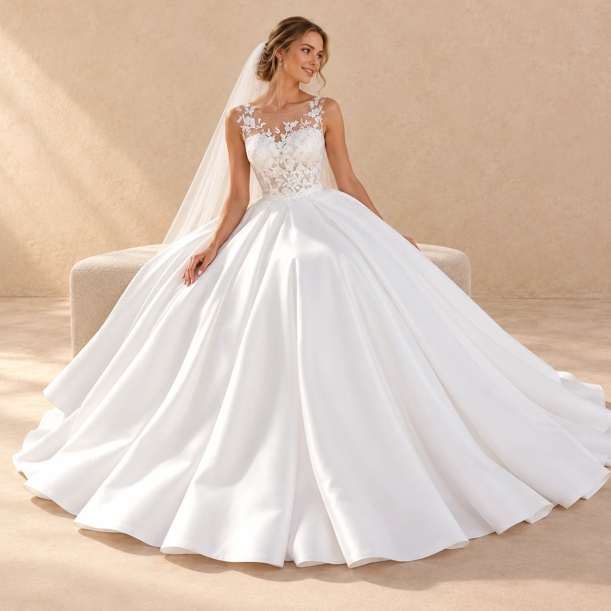Robe de mariée longue blanche en dentelle, pose assise montrant la jupe ample