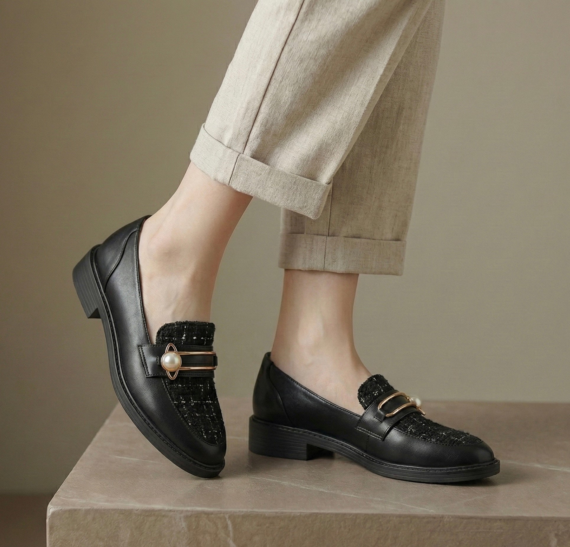 Mocassins Saki Couture Bi-Matière à Détail Perle