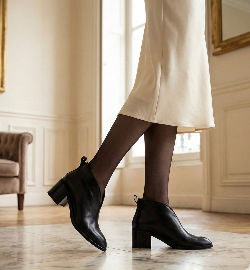 Bottines cuir talon carré V-Cut vue profil - Sakiwé