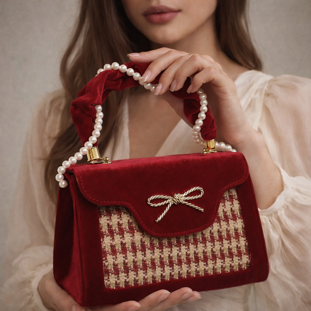 Sac à main en velours et tweed à poignée orné de perles _ SAKIWE