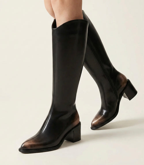 Bottes cuir patiné cavalière intemporelle vue face - Sakiwé