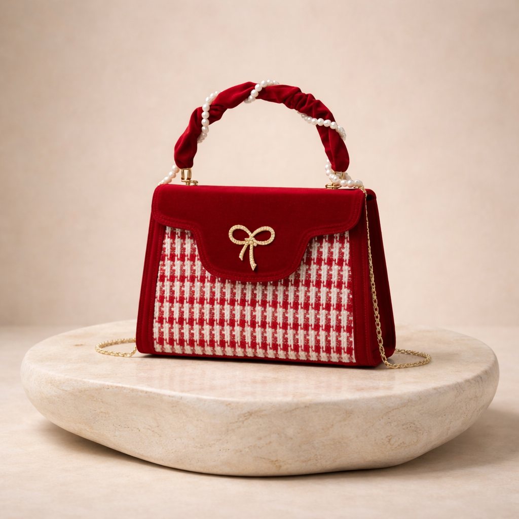 Sac à main en velours et tweed à poignée orné de perles _ SAKIWE