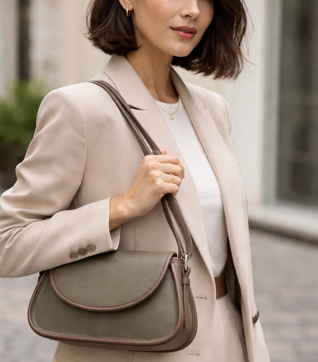 Sac à main ou Épaule Besace Lignes Épurées Vert Olive _ SAKIWE