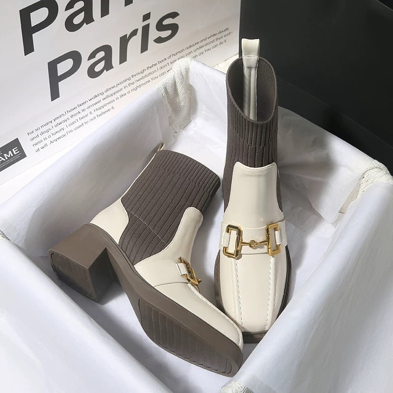 Bottines Chaussettes à Talon Bloc carré et Détail Mors