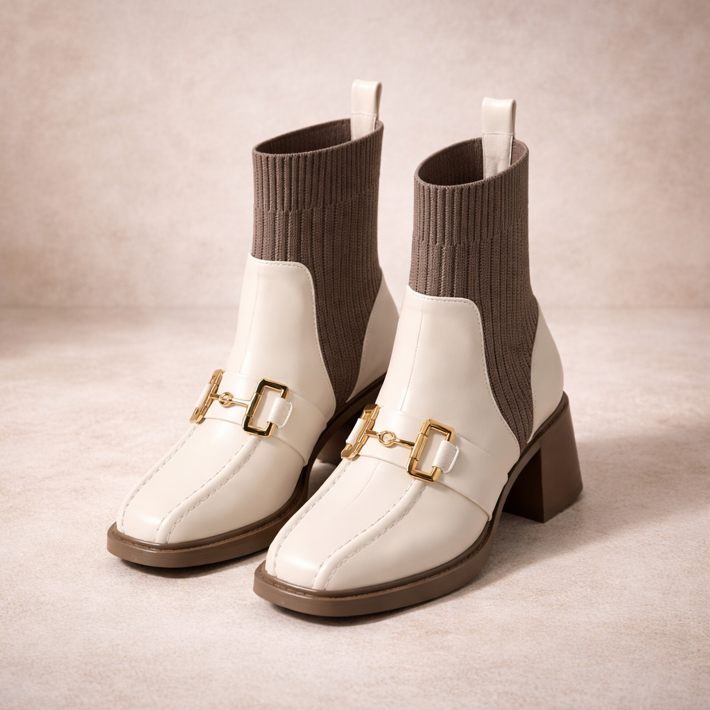 Bottines Chaussettes à Talon Bloc carré et Détail Mors