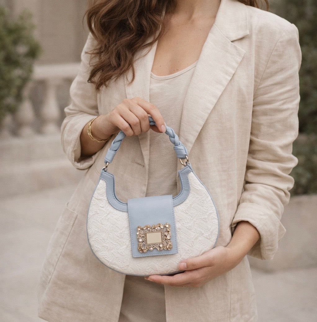 Sac à Main Cuir Pleine Fleur Blanc Bleu détail produit - Sakiwé