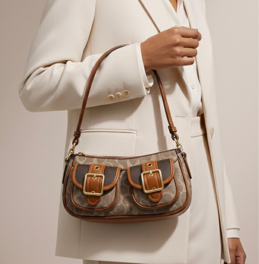 Sac à Main Cuir Pleine Fleur Marron Camel porté - Sakiwé